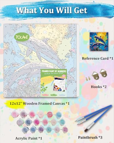 TOCARE Framed Paint by Numbers Kit for Adults & Kids Ages 8-12, 12x12Inch Dolphin Paint by Numbers with Frame, Seascape Paint by Number Framed Canvas for Animal Lovers (Without Easel) - color: TC-F-372