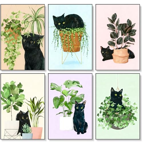 6 Pack Paint by Numbers Kit for Adults & Beginners, Black Cat & Green Plant | Paint by Number Kits on Canvas without Frame, 8x12 Inch, DIY Painting Kit for Home Wall Decor, Gifts for Women & Men - color: OP6NFUS2511-02