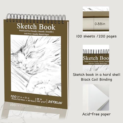 DSTELIN 9x12 Inch Artistic Sketchbook, Top Spiral Bound, 100gsm Sketch Paper, Dark Brown Hard Cover, 100 Sheets for Drawing and Painting