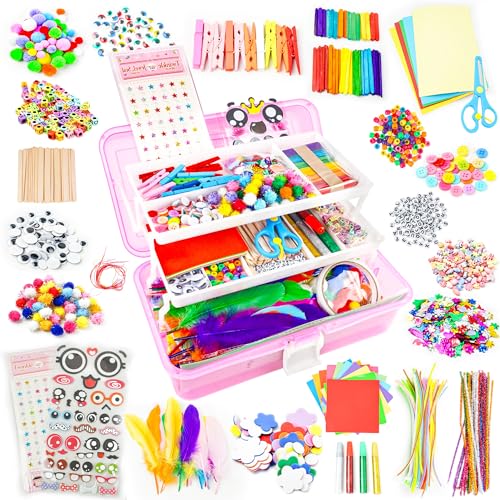 SMILESSKIDDO Craft Supplies for Kids, 1100+ PCS Crafts with Storage Box | Portable 3 Layer Folding Storage Box, Arts and Crafts for Kids, DIY Craft Kits, Birthday Gifts for Girls Ages 4-12 - color: Pink