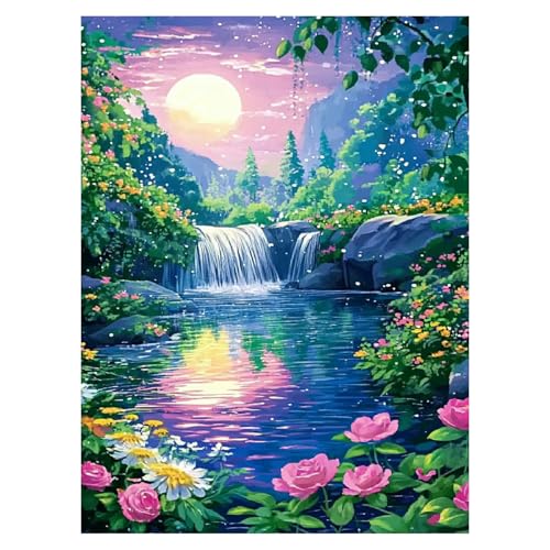 DOTZSO Diamond Art Kits for Adults Landscapes Diamond Painting Kit 12x16in | 5D Landscapes Diamond Art Painting Kit for Adult, DIY Full Round Drill Tarot Gem Art Diamond Dot Kit for Home Wall Decor Gift - color: AQ Landscape Moonlight