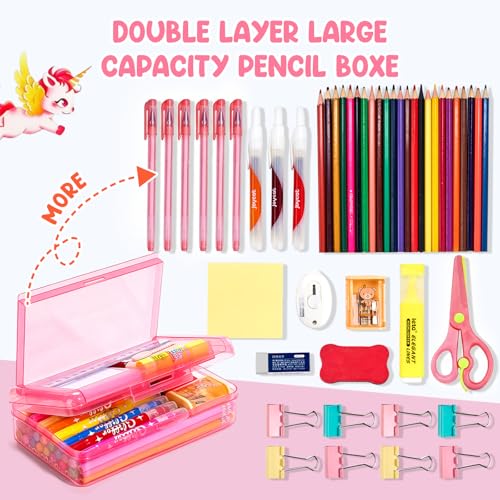 GAMENOTE Plastic Pencil Box with Personalized Sticker,Kid Hard Pencil Case with Snap-tight Lid,Small Art Craft Storage Containers,School Supplies Box for Boys,Girls (Double-Layer Pink) - color: Double-Layer Pink