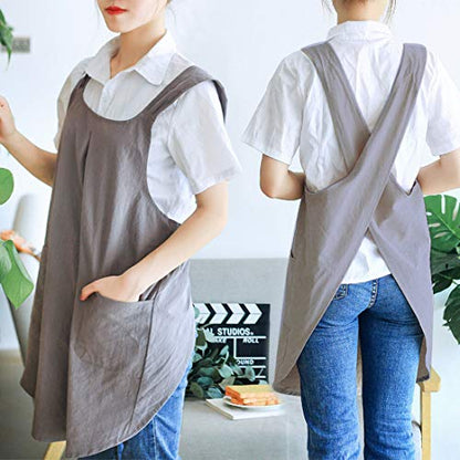 NEWGEM Japanese Cotton Linen Cross Back Cooking Apron for Women Men with Pockets Cute for Baking Kitchen - color: 02 - Women's Dark Gray