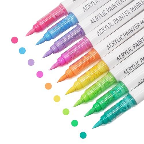 Water Based Acrylic Paint Markers, 9 Colors Paint Pen Set | Dopamine Series-2, Soft Brush Tip, Smooth Writing, Marker Pen for Rock Painting, Egg, Wood, Glass, Mugs, Black Paper - color: Dopamine Series-2
