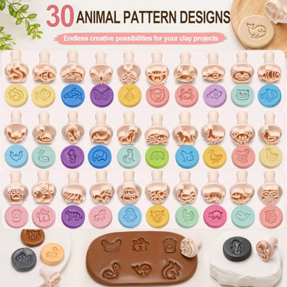 30 Pcs Animal Pattern Clay Modeling Stamp Set with 72-Character Letter Stamps and Storage Box, Animal Pattern Stamps for Polymer/Ceramic Clay, Pottery Craft, Cookie and Jewelry Making - style: Animal