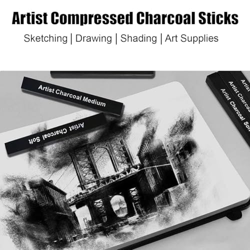 Compressed Charcoal Sticks 6 PCS, Graphite Sticks Square 6 Pieces, Kneaded Rubber Erasers Large Size 4 Pack