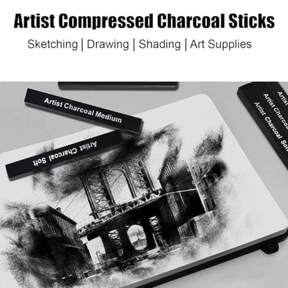 Compressed Charcoal Sticks 6 PCS, Graphite Sticks Square 6 Pieces, Kneaded Rubber Erasers Large Size 4 Pack