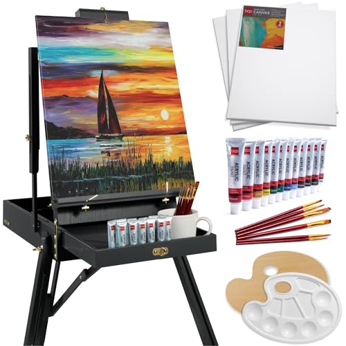 Best Choice Products Art Easel for Painting, Portable Wooden Adjustable Artist Tripod with Sketch Box, 32-Piece Art Set with Acrylic Paints, Brushes, Canvases & Palette - Black - style: Black