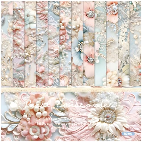 Scrapbook Paper 6x6, 24 Sheets Vintage Scrapbooking Floral Single-Side Paper Pack for Art Album Junk Journal Card Making Decorative Scrapbook Supplies - color: Pearl Embroidery