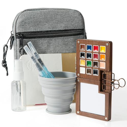 Mini Paint Palette Travel Kit - 15-Colors Pocket Artist Water Color Travel Set with Crossbody Bag, Watercolor Journal, Metal Clip, Paint Water Cup, Water Brush, Wooden Paint Box for Painters Artists - color: Color 2