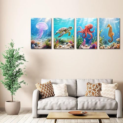Muzagroo Art 4 Pcs Paint by Numbers Kits for Adults Framed Canvas with Wooden Easel DIY Sea Turtle Acrylic Oil Paintings Kits Paint by Numbers on Canvas Wall Art (8x12 inch) - color: Ocean