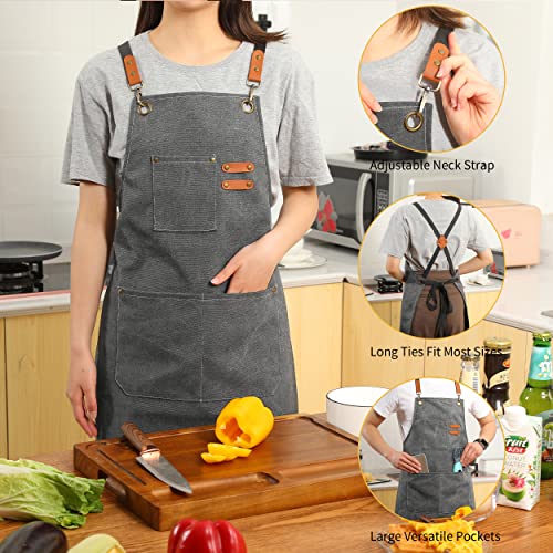 Tosewever Canvas Cross Back Chef Cotton Aprons for Men Women with Large Pockets - color: Grey