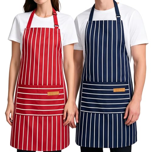 2 Pack Kitchen Cooking Aprons, Soft Aprons for Women Men with 2 Pockets Chef Apron with Adjustable Neck Strap and Long Tie - color: Navy Blue/Red