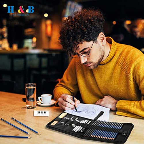 H & B 33 Pieces Drawing Pencils Set, Sketching Pencils Set & Drawing Kit, Includes Sketch Pad, Graphite Pencils, Charcoal Sticks and Eraser, Supplies for Artists/Beginner/Adults - size: 33 Piece Set