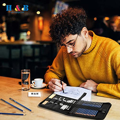 H & B 33 Pieces Drawing Pencils Set, Sketching Pencils Set & Drawing Kit, Includes Sketch Pad, Graphite Pencils, Charcoal Sticks and Eraser, Supplies for Artists/Beginner/Adults - size: 33 Piece Set