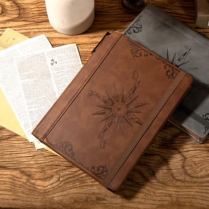 CAGIE Compass Leather Journal for Men Women, A5 Lined Notebook Writing Gift | 288 Pages 100 GSM Acid-free Paper, Bleed-free, Pen holder, Lay Flat, For Daily Writing, Office, Gifting - color: Brown