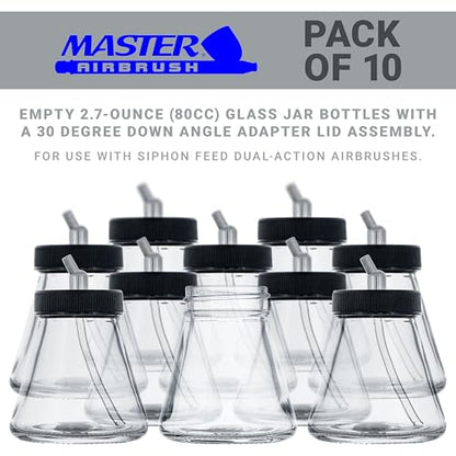 Master Airbrush (Pack of 10) TB-010 Empty 2.7-Ounce (80cc) Glass Jar Bottles with 30° Down Angle Adaptor Lid Assembly - Fits Dual-Action Siphon Feed Airbrushes, Use with Master, Badger, Paasche, Iwata - size: 2.7oz - Glass - 30°