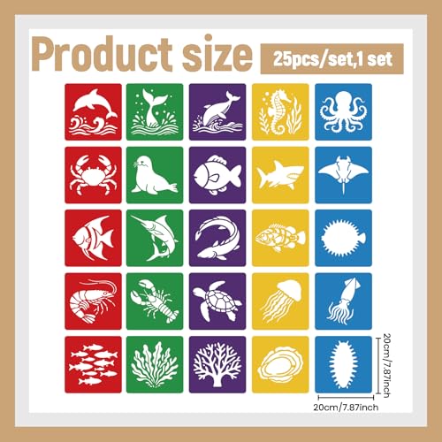 CUTHOLLOW Animals Fruit Plant Stencils, 24PCS 8-Inch Reusable Plastic | 24PCS 8-Inch Animals, Fruit & Plant Shapes, Reusable Washable Plastic, Painting, Crafts, Wall Art & Sidewalk Chalk - style: Marine Creatures