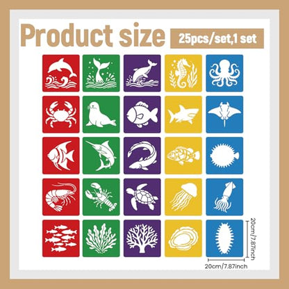 CUTHOLLOW Animals Fruit Plant Stencils, 24PCS 8-Inch Reusable Plastic | 24PCS 8-Inch Animals, Fruit & Plant Shapes, Reusable Washable Plastic, Painting, Crafts, Wall Art & Sidewalk Chalk - style: Marine Creatures