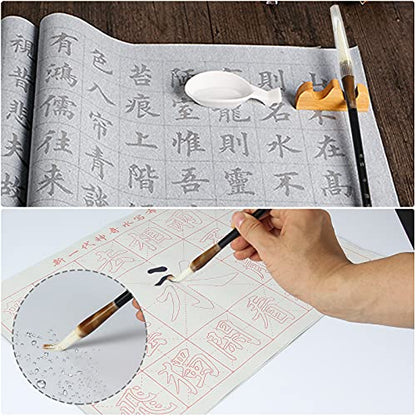 Chinese Calligraphy Set Rewritable Water Writing Cloth Fabric with Brush Rack and Water Dish Quick Drying Fabric Cloth Paper for Beginners Practice Set (5 Items)