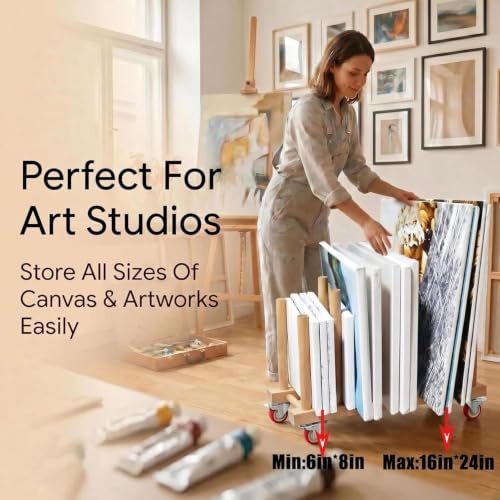 Artwork Storage Rack with Brake Caster Wheels,Art Drying Rack, Canvas Storage Rack,Wood Storage Stand for Drawing Board, Prints, Perfect for Studios,Galleries, Museums, Art Venues (12in) - size: Small
