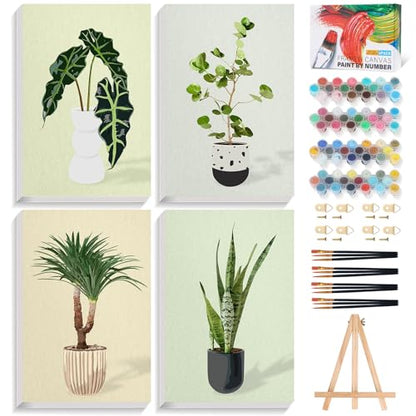 4 Pack Framed Paint by Numbers Kit for Adults Green Plant with Wooden Easel - color: FOP4P-05