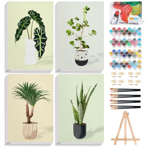 4 Pack Framed Paint by Numbers Kit for Adults Green Plant with Wooden Easel | With Frame Canvas 8x12 IN, For Adults Beginner, DIY Acrylic Painting Plants, Stress Relief Craft Kits, Home Wall Decor Gift - color: FOP4P-05