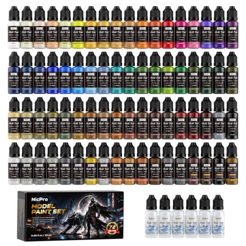 Nicpro 72 Colors Model Paint Set, 20ml Ready to Use Modeling Acrylic Paints | Brush & Airbrush Compatible, Miniature Paint Set for Beginner & Professional on Model, Figure, Terrains, with 6 Thinner - style: 72 Colors Set
