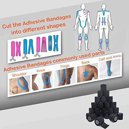Self Adherent Cohesive Wrap Bandages 2 Inches (Black, 24 Count) - color: Black, size: 24 Count (Pack of 1)