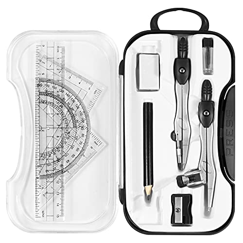 Unjoo Geometry Sets 10 Pcs Student Supplies, Protractor and Compass (Black) | Shatterproof Storage Box,Rulers,Protractor,Compass,Eraser,Pencil Sharpener,Lead Refills,Pencil,for Classroom, Back to School - color: Black