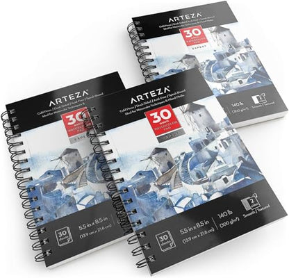 ARTEZA Watercolor Paper, Pack of 3, 30 Sheets Each, 5.5x8.5 Inches Water Pad, Spiral Bound, 140lb/300gsm Cold Press, Acid Free Art Paper - color: White Expert