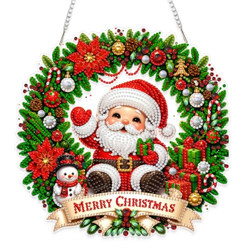 Eiflow Acrylic Christmas Diamond Art Hanging Kit for Adults Santa Claus, DIY Diamonds Painting Door Hanger Ornament Kit Wreath Crystal Diamond Art Painting Wall Window Hanging Pendant - color: Santa Claus