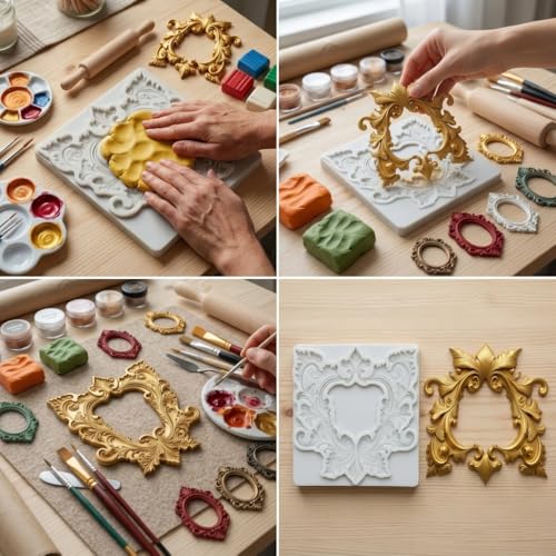 Baroque Relief Frame Polymer Clay Molds Photo Frame Silicone Mold | DIY Craft Epoxy Resin Casting Polymer Clay Tools Crafts Air Dry Jewelry Making - color: Style E