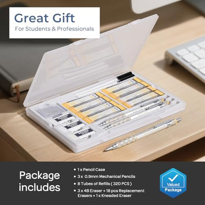 Nicpro Blocky Gear 0.9 mm Mechanical Pencils Set in Case, 3 Pack | Metal Pencil 8 Tube with Lead Refills 0.9mm (HB 2B), 3 Erasers for Professional & Adult Art Writing Drafting Drawing - style: 0.9mm