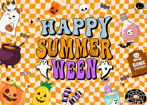 8x6FT Summerween Backdrop Happy Summerween Halloween Ghost Magic Pot Tombstone Background for Boy Girl Women Summer Halloween Party Decorations Vinyl