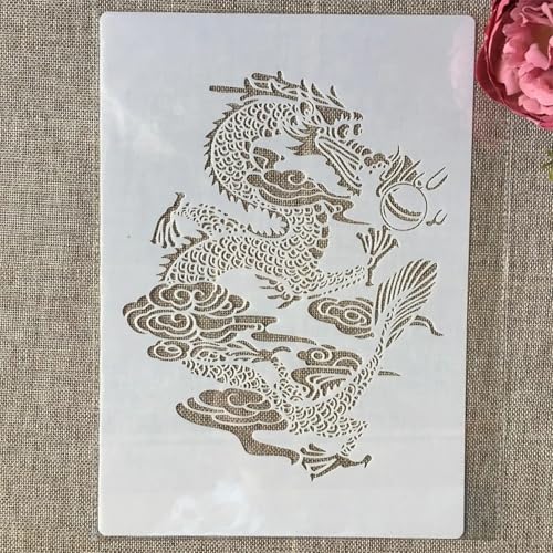 TIAMECH A4 Reusable Chinese Dragon Stencil for Painting | Myth Traditional Dino Totem Layering Template, DIY Wall Art, Wood Furniture, Scrapbook & Crafts (8.3x11.7inch) - style: Chinese Dragon