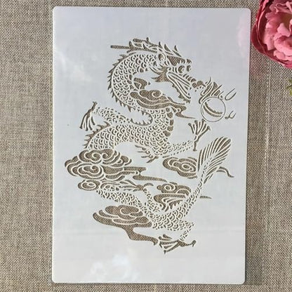 TIAMECH A4 Reusable Chinese Dragon Stencil for Painting | Myth Traditional Dino Totem Layering Template, DIY Wall Art, Wood Furniture, Scrapbook & Crafts (8.3x11.7inch) - style: Chinese Dragon