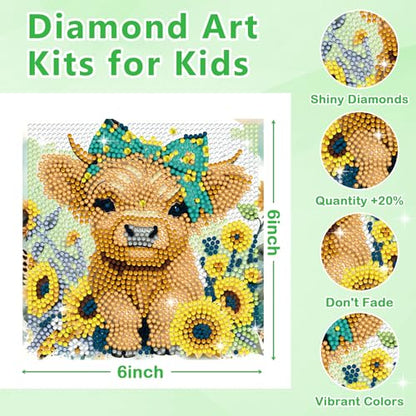Diamond Art Kits for Kids - 6 Pack 5D Diamond Painting Kits - Arts and Crafts for Kids Ages 8-12 - Full Drill Cute Animals Dimond Art Painting Kits - DIY Big Gem Art - Home Wall Decor Gifts 6x6 Inch
