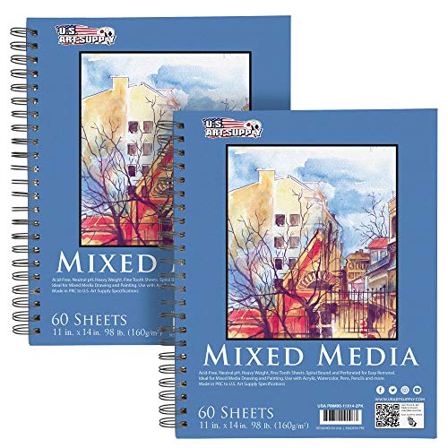 U.S. Art Supply 11"x14" Mixed Media Sketchbook, 2 Pack (60 Sheets) - size: 11-x-14-inch