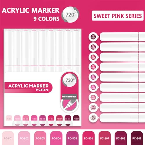Water Based Acrylic Paint Markers Pink, 9 Colors Paint Pen Set - color: Sweet Pink Series