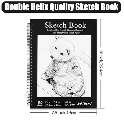 DSTELIN 10 x 7.5 Inch Black Sketchbook Set, 2-PC, Spiral Bound, 50 Acid-Free Drawing Sheets Each, Ideal for Beginners to Professionals