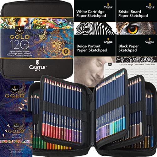 Castle Art Supplies Gold Standard 120 Coloring Pencils Set with Extras, Oil-based Colored Cores Stay Sharper, Tougher Against Breakage, For Adult Artists, Colorists, In Zipper Case | Gold standard cores stay sharper and resist breakage - for adult artists