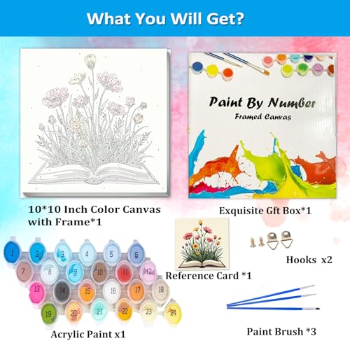 Artunion Framed Paint by Numbers Kit for Adults Beginners & Kids Ages 8-12,Books Easy Paint by Number with Frame,Flower Paint by Numbers Kit on Canvas 10 * 10 Inch Without Easel - color: ZXT-332-F