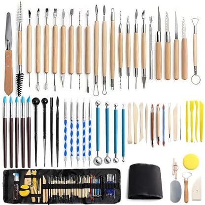 61 PCS Complete Clay Sculpting Tools Kit: All-in-One Pottery Tools with Stainless Steel & Wooden Handles for Modeling Polymer, Ceramic, Air Dry Clay - for Beginners & Artists