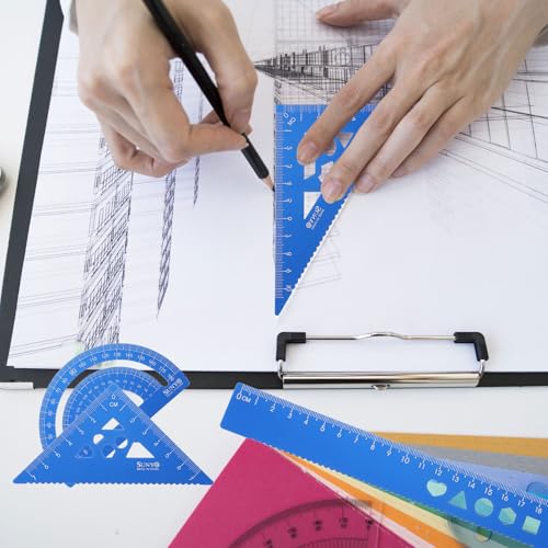 HARFINGTON 4pcs Triangular Ruler Set 20cm Aluminum Alloy Straight Geometric Protractor Triangle Engineering Scale Drafting Ruler Kit Measuring Drawing Tool for Classroom Office Home, Red - color: Red