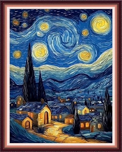 Fanxvivy Stamped Cross Stitch Kits for Beginners Full Range of Cross Stitching Preprinted Embroidery Kits for Adults, 11CT Embroidery Pattern Needlepoint Kits-Van Gogh's House Starry Sky 16x20 inch - color: Artdesign06