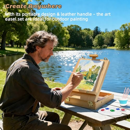 Portable Tabletop Easel Set 36-Piece Acrylic Paints Brushes Canvas DIY Pad | Wooden art kit with 24 acrylic paints, brushes, stretched canvas, storage box, non-toxic travel-friendly starter - size: art easel box-36pk