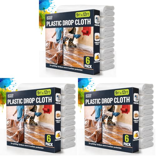 12 x 9 Ft Drop Cloths (18-Pack) – Plastic Sheeting & Painters Plastic Tarps for Painting, Waterproof Floor & Furniture Protection - size: 18 Pack