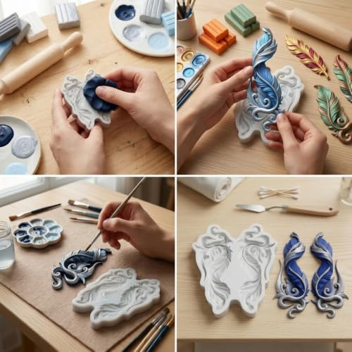 Feather Polymer Clay Molds Baroque Style Feather Silicone Mold | Epoxy Resin Casting DIY Crafts Air Dry Polymer Crafts Supplies Clay Tools - color: Style G