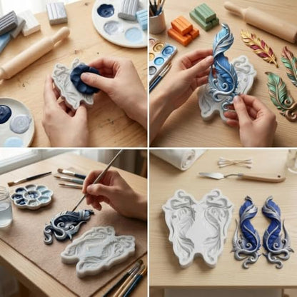 Feather Polymer Clay Molds Baroque Style Feather Silicone Mold | Epoxy Resin Casting DIY Crafts Air Dry Polymer Crafts Supplies Clay Tools - color: Style G